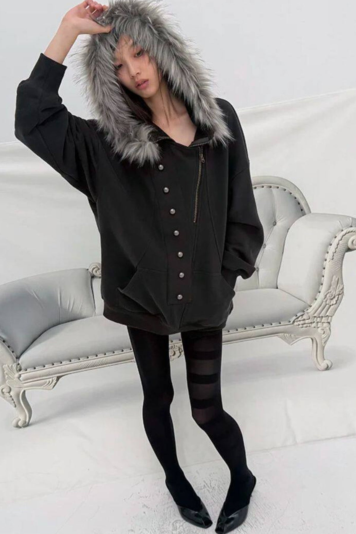Oversize Hooded Fur Collar Jacket