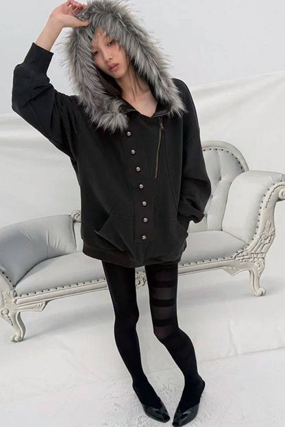 Oversize Hooded Fur Collar Jacket
