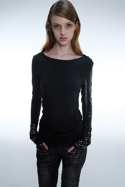 Light Punk Metal Rhinestone Distressed Long-Sleeve T-Shirt