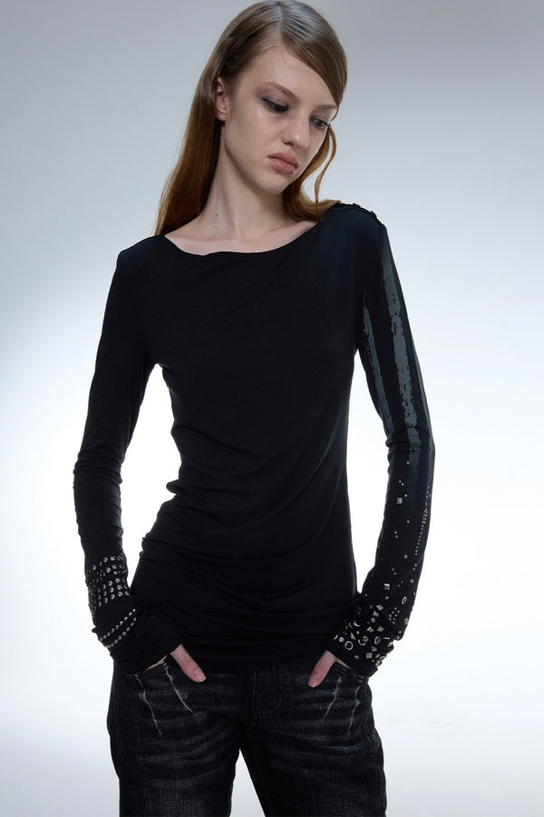 Light Punk Metal Rhinestone Distressed Long-Sleeve T-Shirt