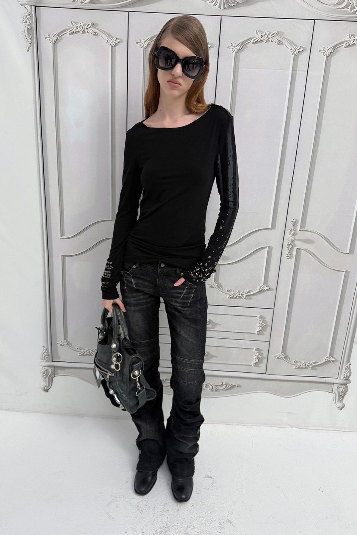 Light Punk Metal Rhinestone Distressed Long-Sleeve T-Shirt
