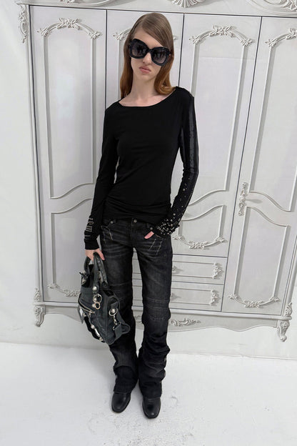Light Punk Metal Rhinestone Distressed Long-Sleeve T-Shirt