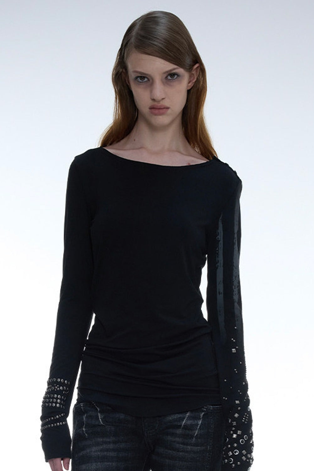 Light Punk Metal Rhinestone Distressed Long-Sleeve T-Shirt
