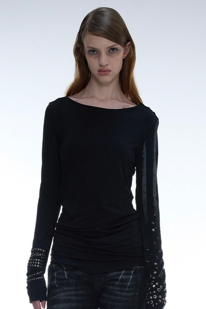 Light Punk Metal Rhinestone Distressed Long-Sleeve T-Shirt