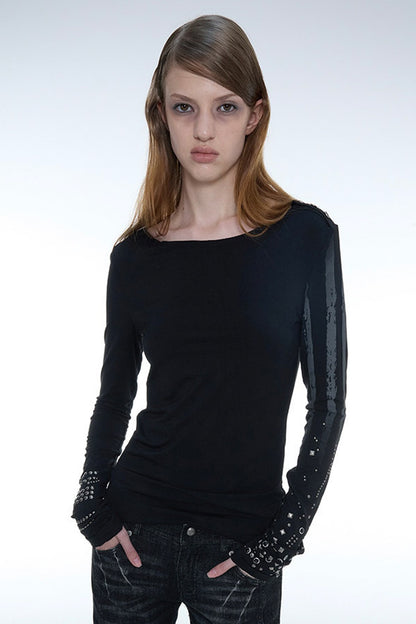 Light Punk Metal Rhinestone Distressed Long-Sleeve T-Shirt