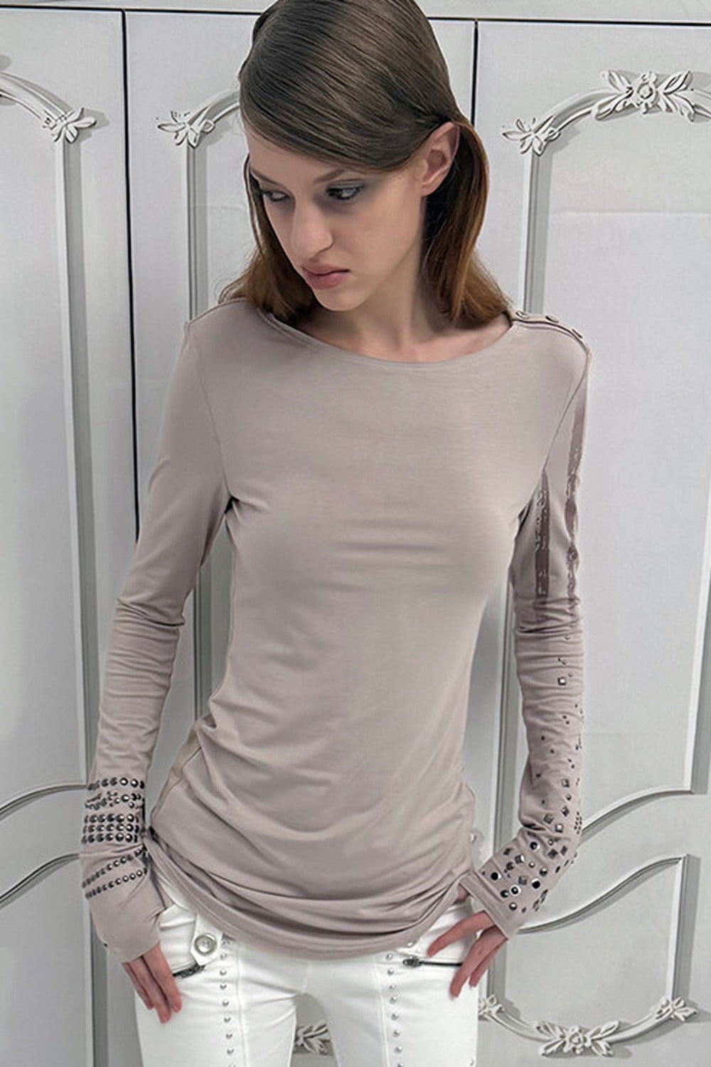 Light Punk Metal Rhinestone Distressed Long-Sleeve T-Shirt
