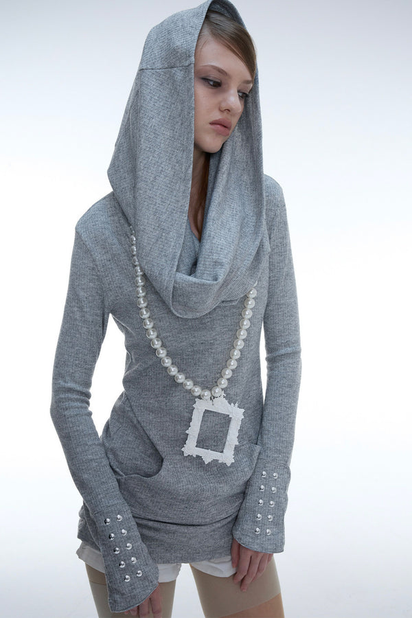 Long Sleeve Off-Shoulder Hooded Knit Top