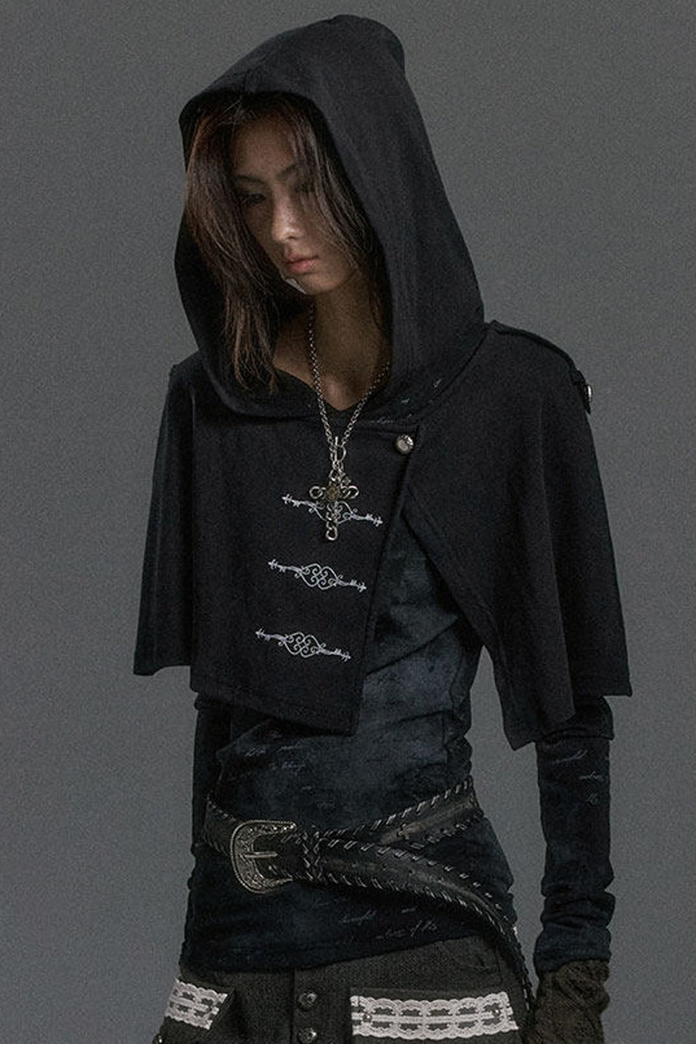 Silver Letter Print Hooded Knit Top