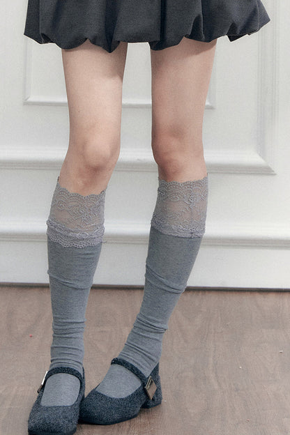 Gray Lace Trim Slouch Socks