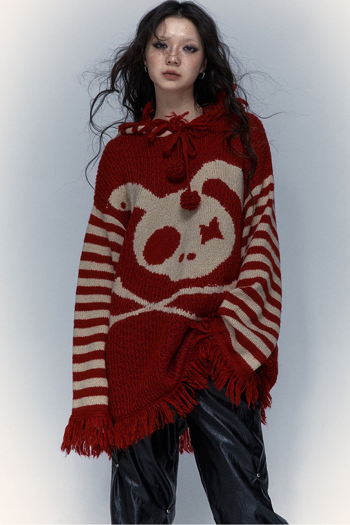 Skull Rabbit Hooded Knit Blouse
