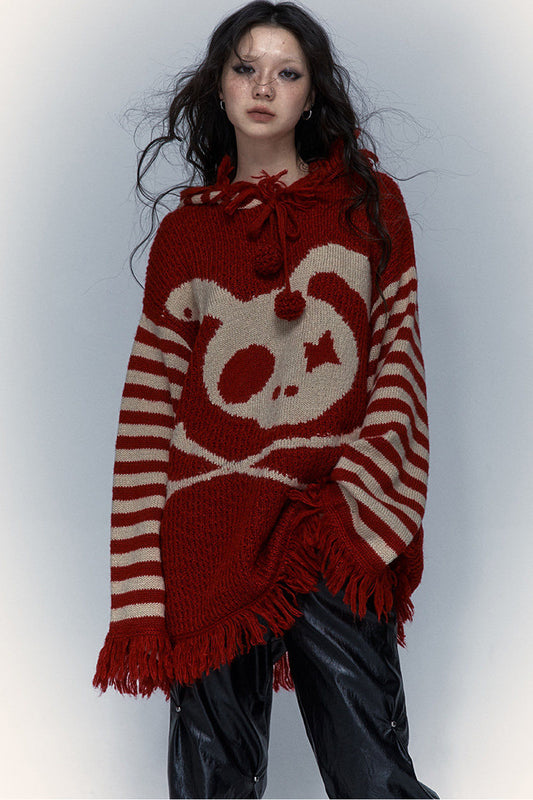 Skull Rabbit Hooded Knit Blouse