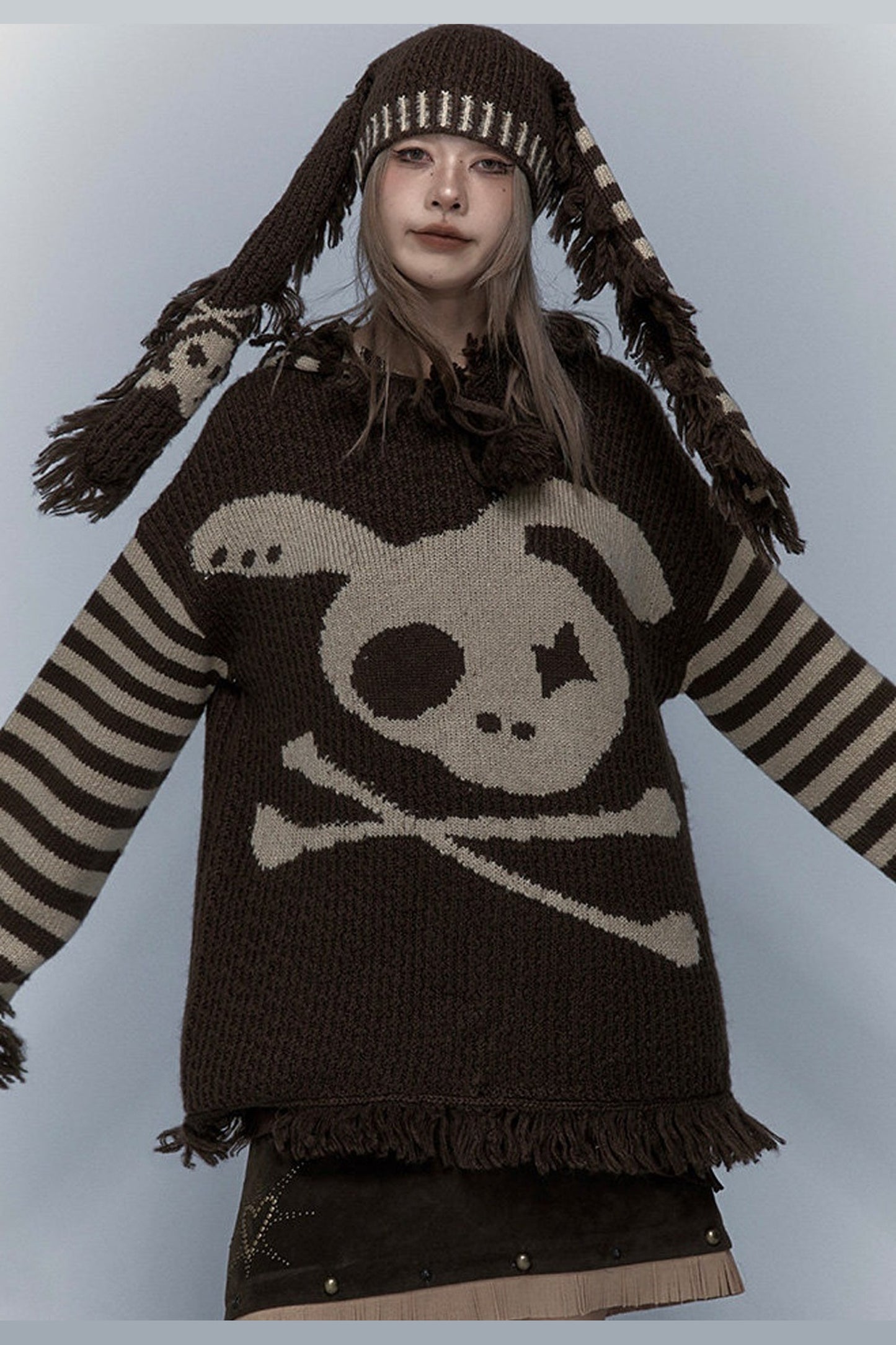 Skull Rabbit Hooded Knit Blouse