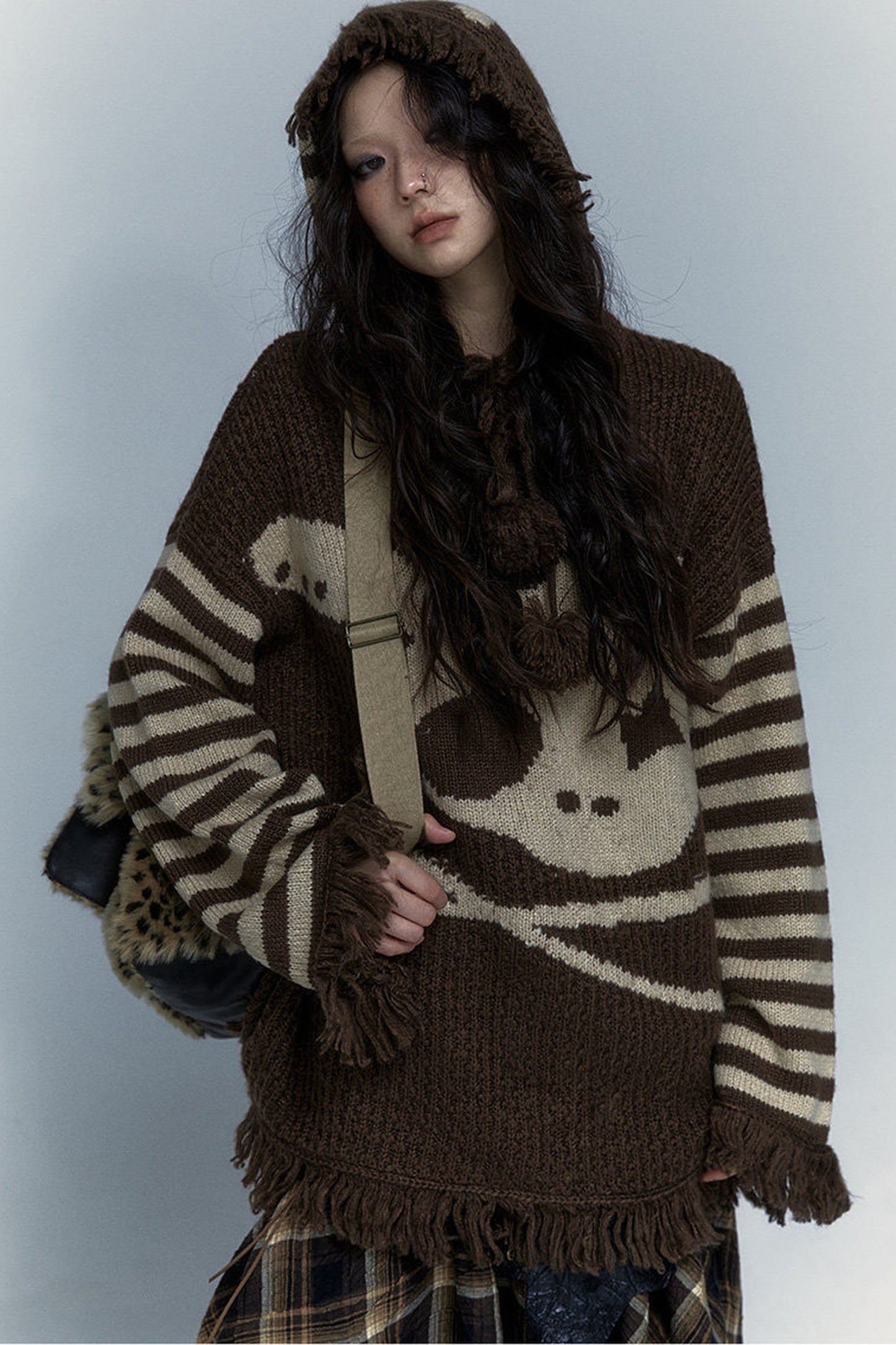 Skull Rabbit Hooded Knit Blouse