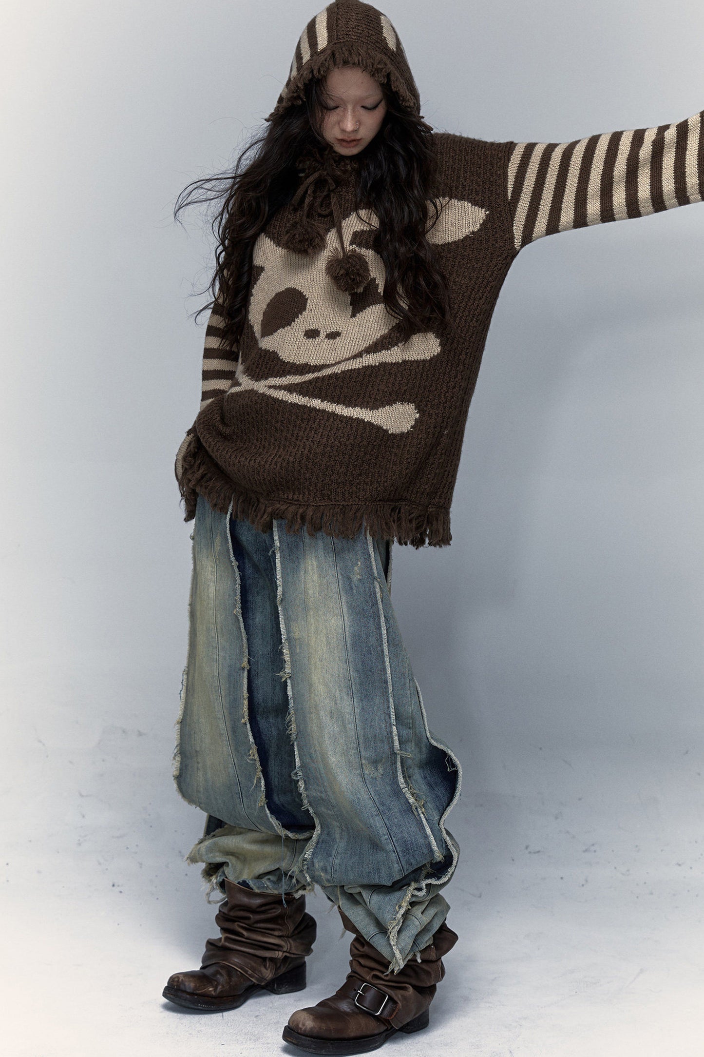 Skull Rabbit Hooded Knit Blouse
