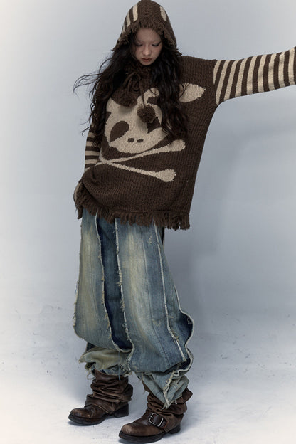 Skull Rabbit Hooded Knit Blouse