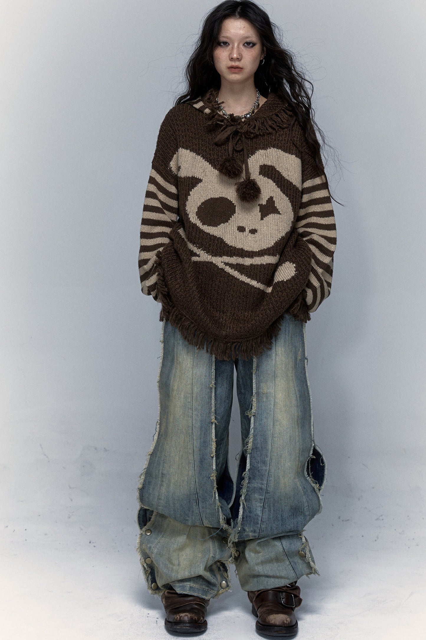 Skull Rabbit Hooded Knit Blouse