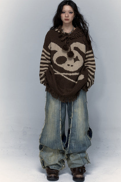Skull Rabbit Hooded Knit Blouse