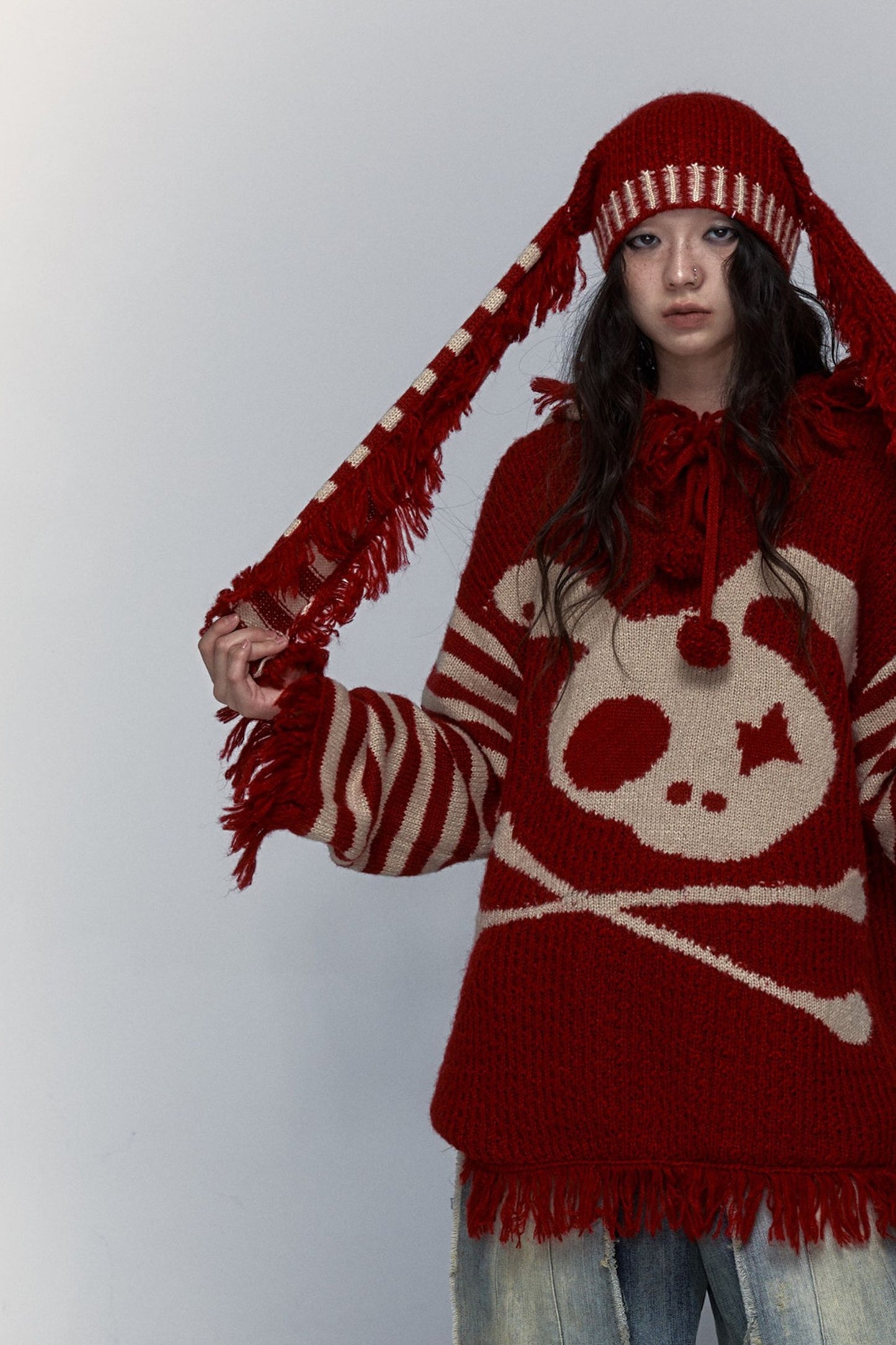 Skull Rabbit Hooded Knit Blouse
