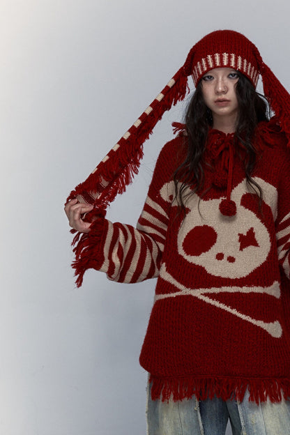 Skull Rabbit Hooded Knit Blouse