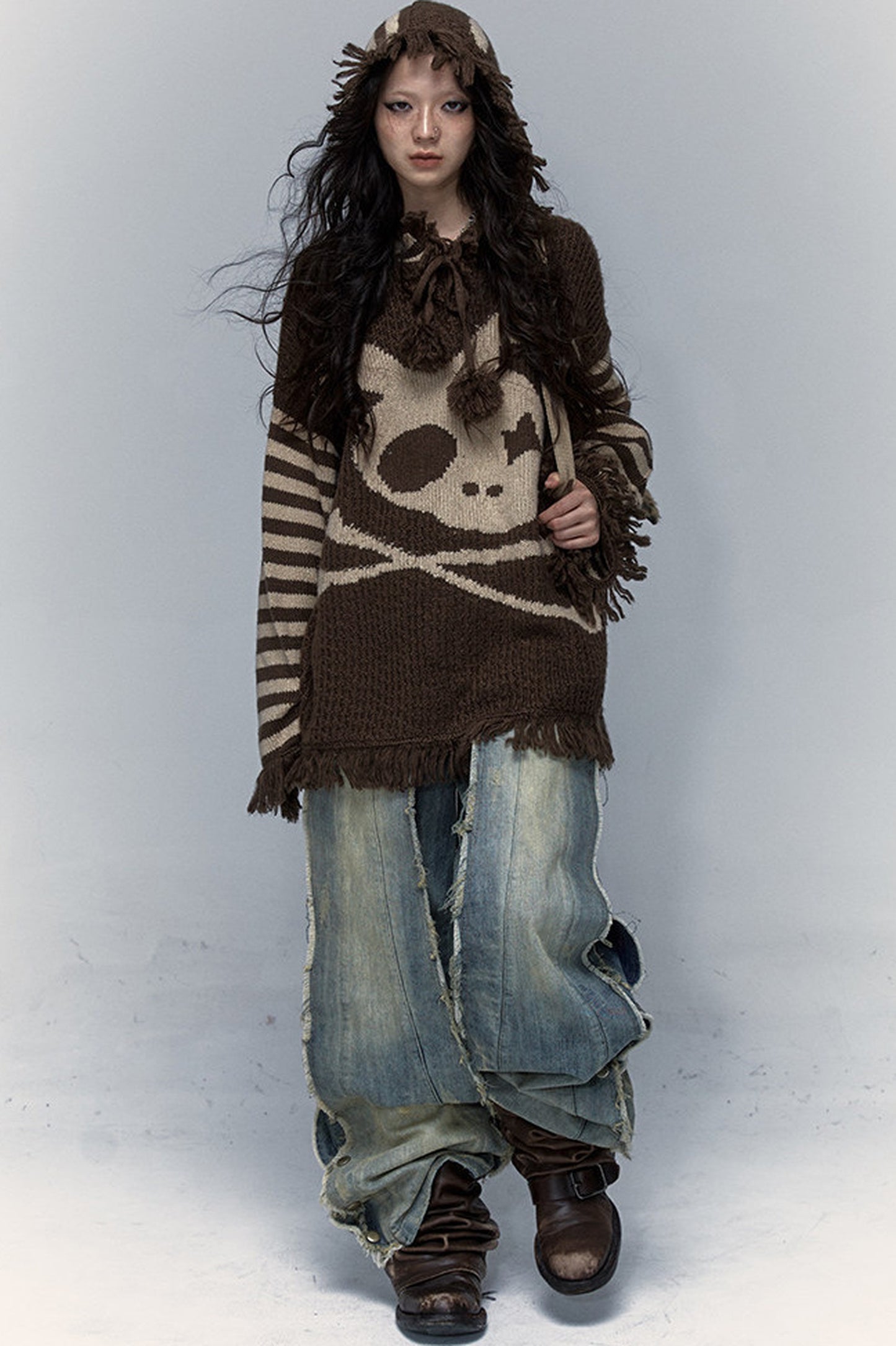 Skull Rabbit Hooded Knit Blouse