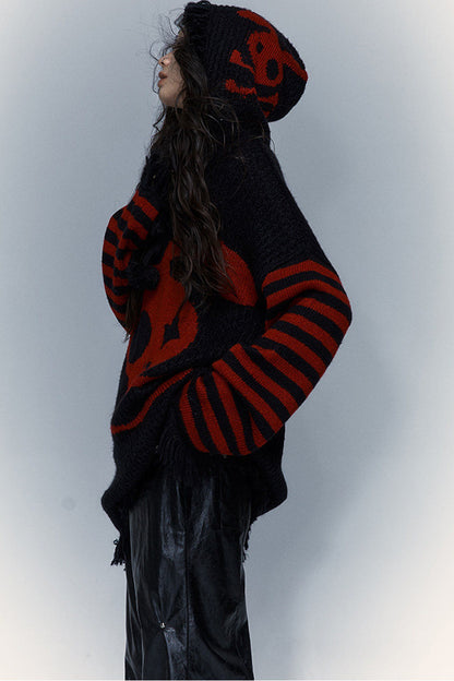 Skull Rabbit Hooded Knit Blouse