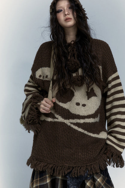 Skull Rabbit Hooded Knit Blouse