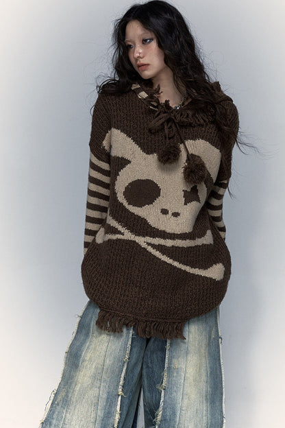 Skull Rabbit Hooded Knit Blouse