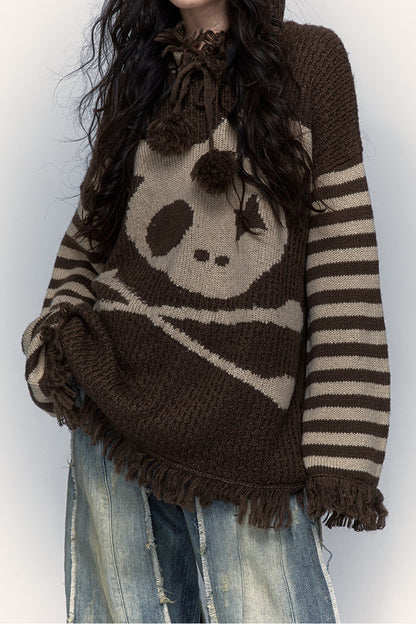 Skull Rabbit Hooded Knit Blouse