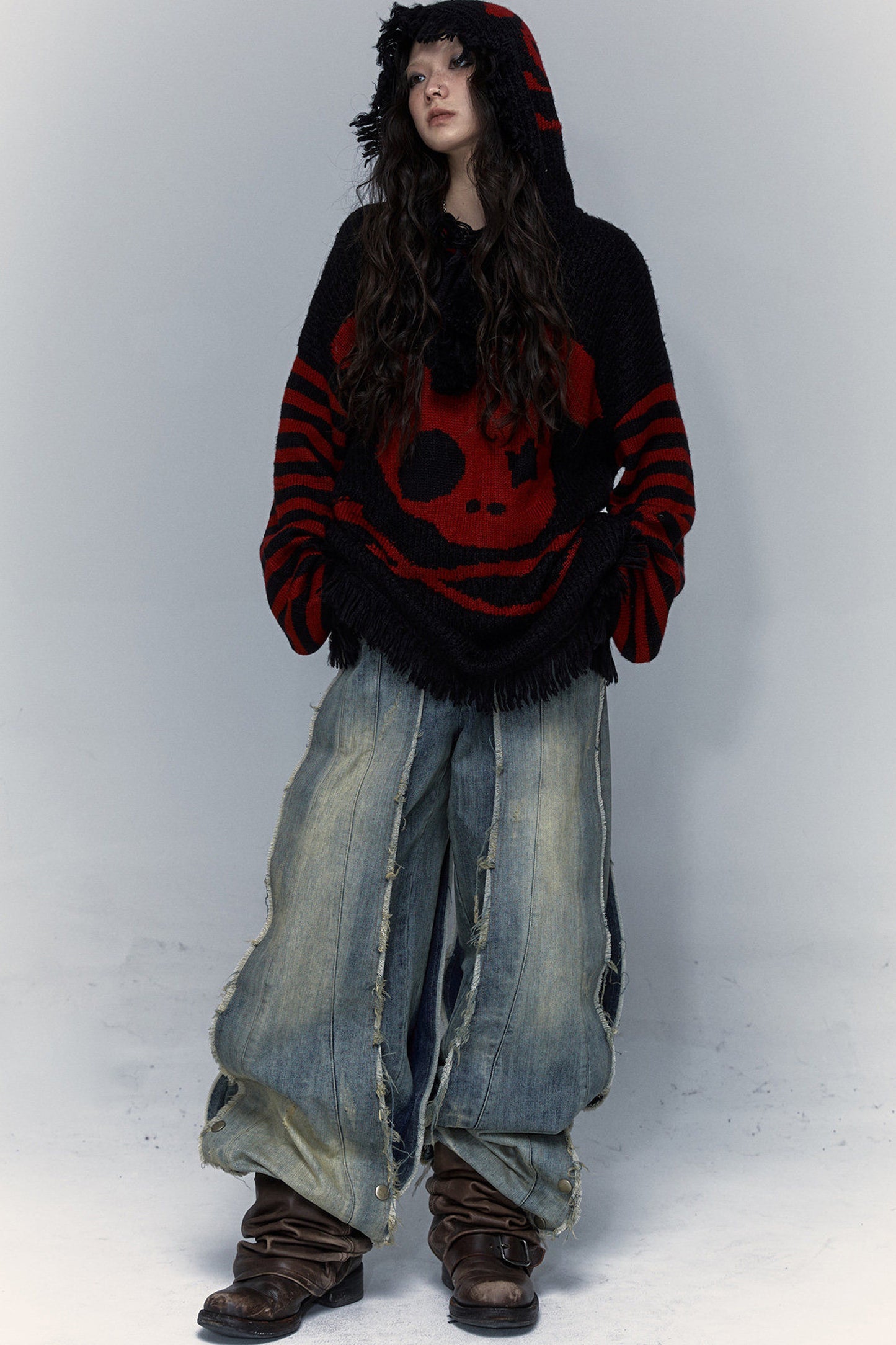 Skull Rabbit Hooded Knit Blouse