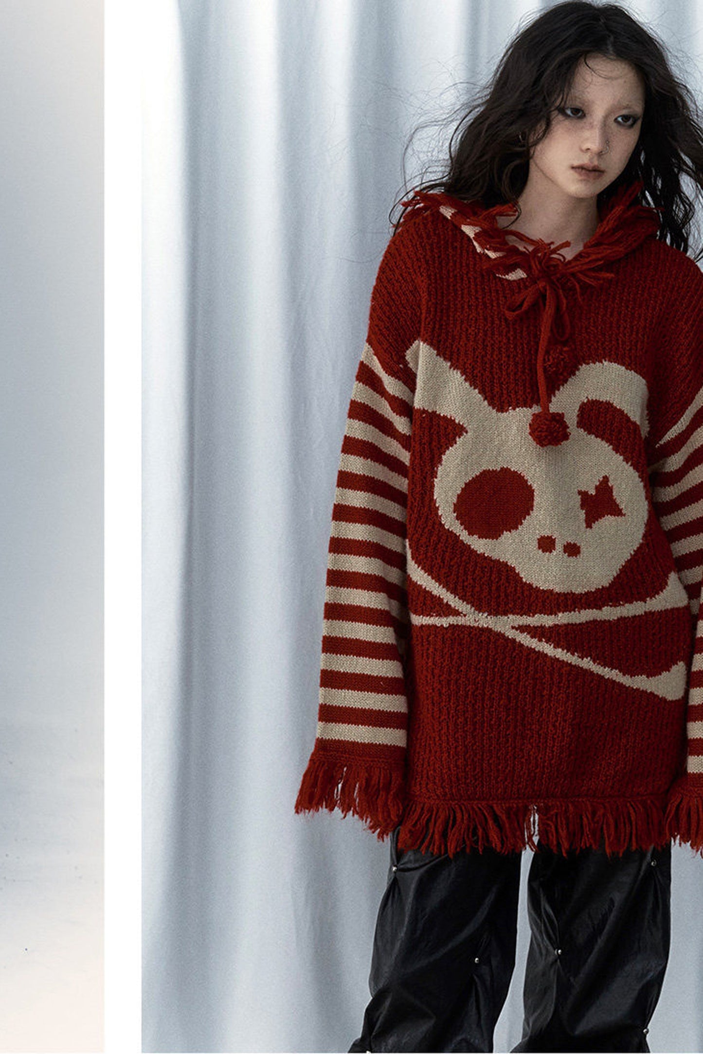 Skull Rabbit Hooded Knit Blouse