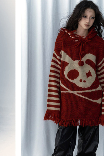 Skull Rabbit Hooded Knit Blouse
