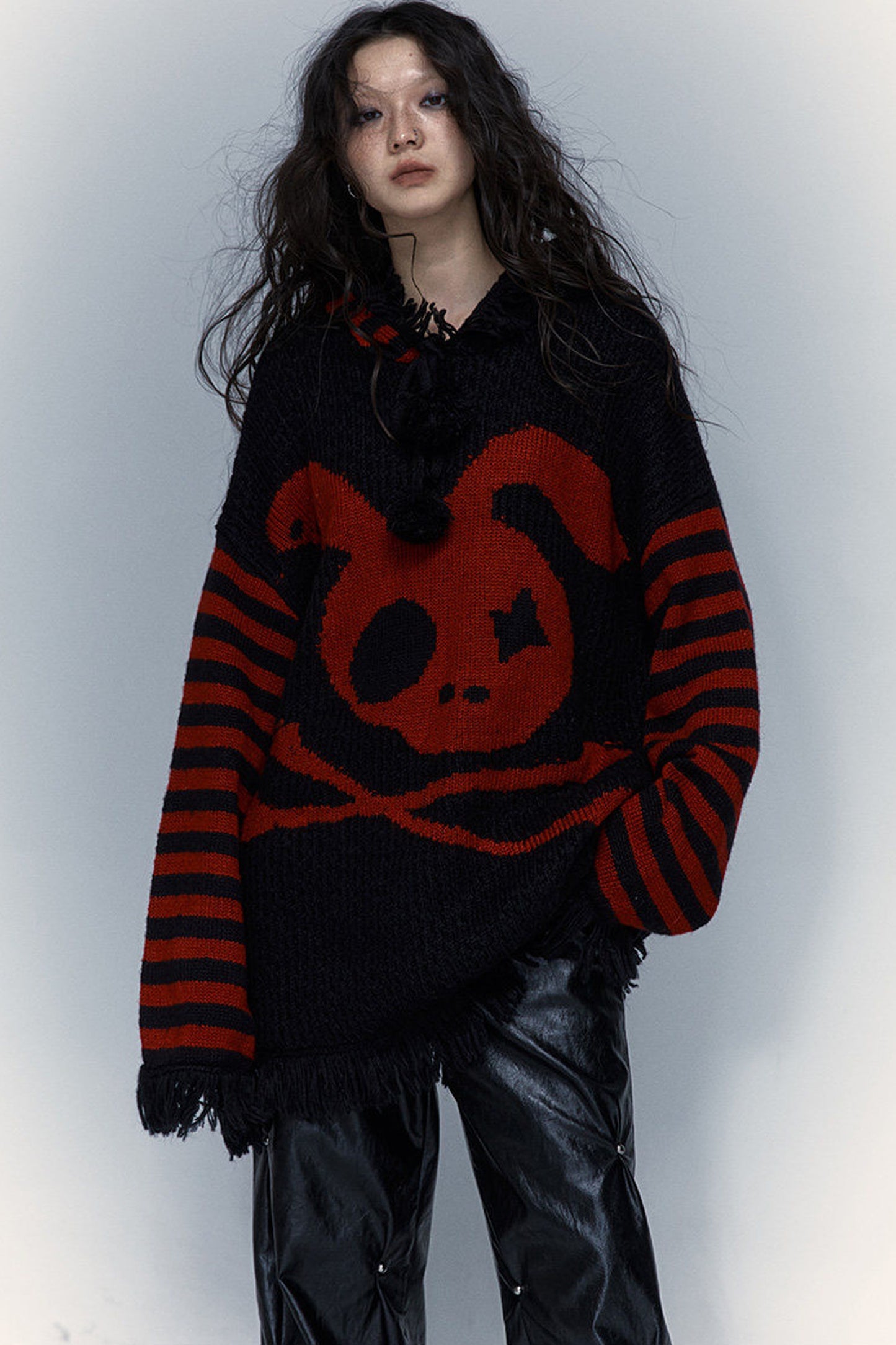 Skull Rabbit Hooded Knit Blouse