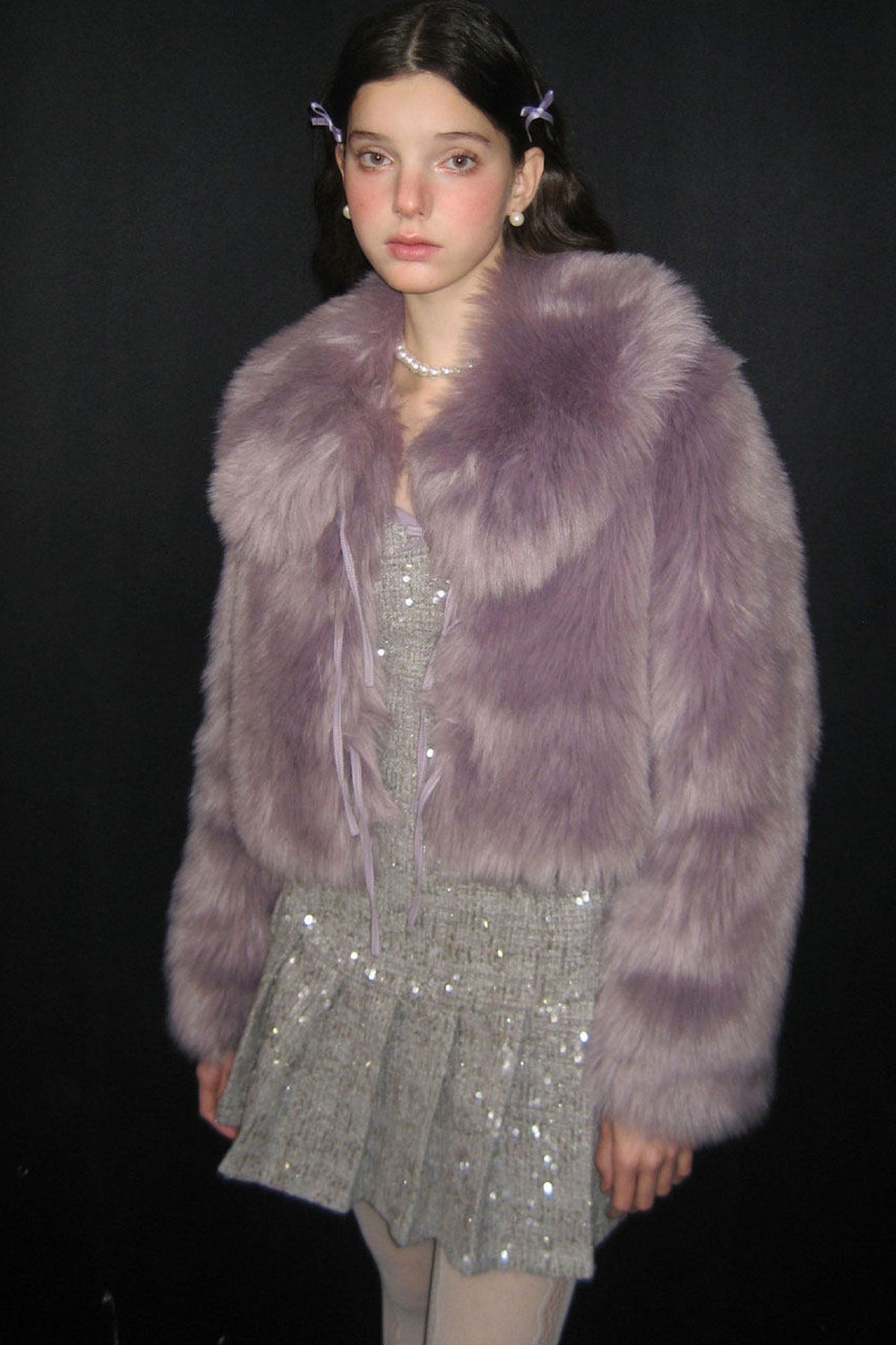 Cream Purple Bow Fur Jacket