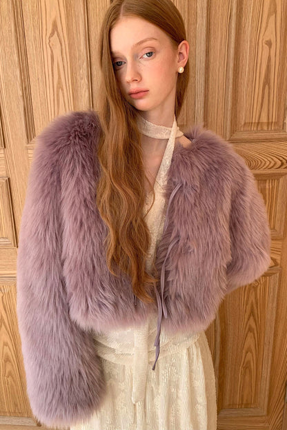 Cream Purple Bow Fur Jacket