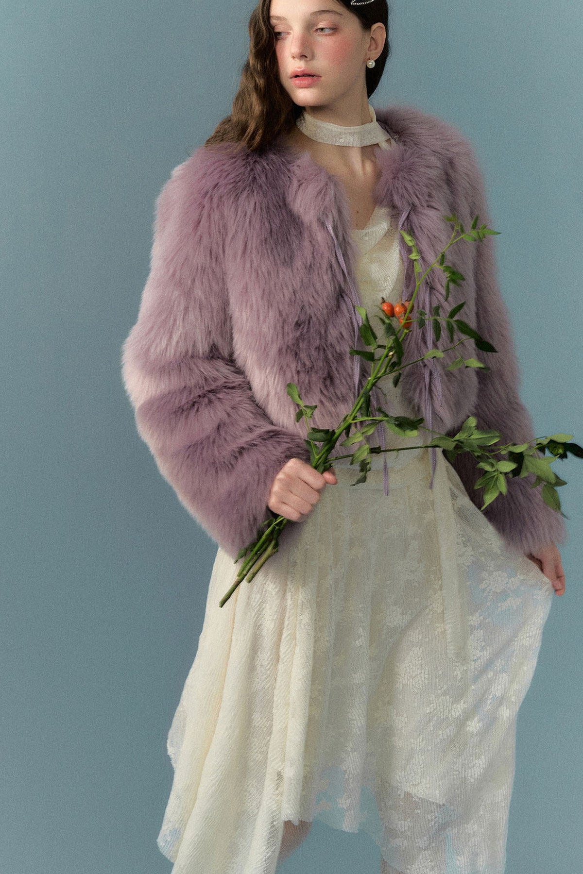 Cream Purple Bow Fur Jacket