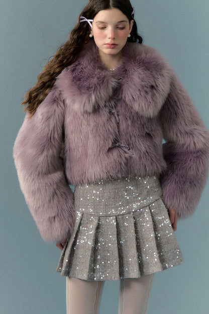 Cream Purple Bow Fur Jacket