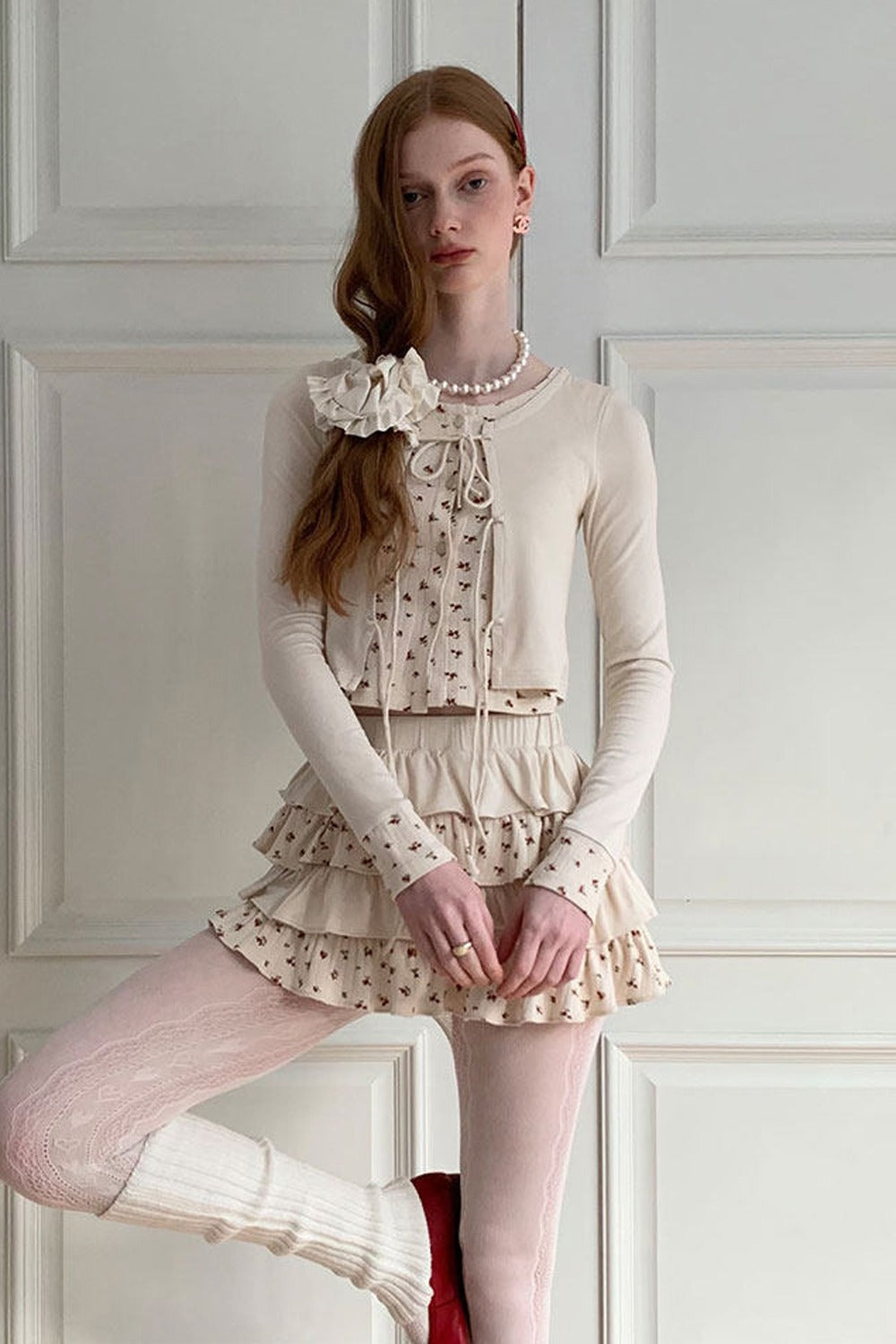 Floral Patchwork Knit Cardigan and Lace-Up Skirt Set-Up