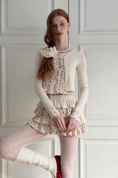 Floral Patchwork Knit Cardigan and Lace-Up Skirt Set-Up