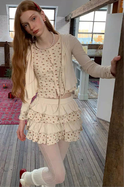 Floral Patchwork Knit Cardigan and Lace-Up Skirt Set-Up