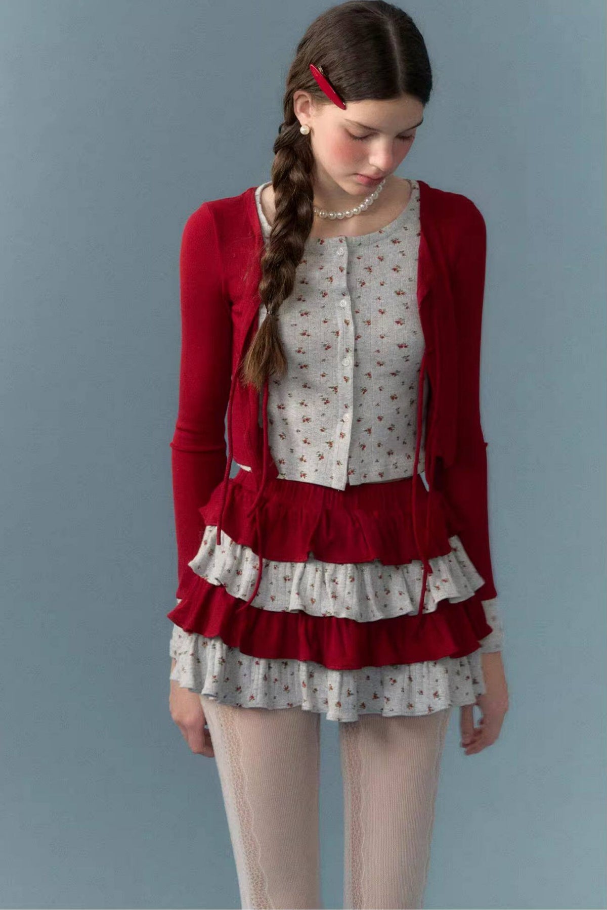 Floral Patchwork Knit Cardigan and Lace-Up Skirt Set-Up