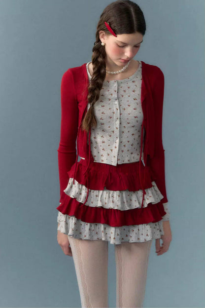 Floral Patchwork Knit Cardigan and Lace-Up Skirt Set-Up