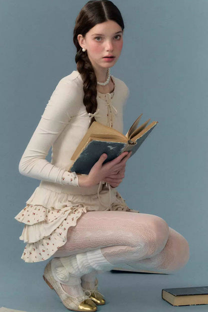 Floral Patchwork Knit Cardigan and Lace-Up Skirt Set-Up