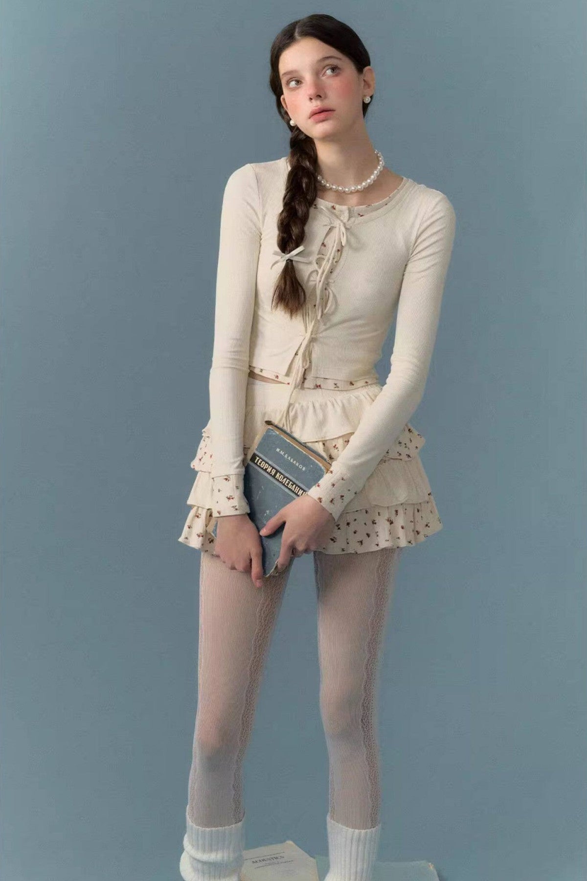 Floral Patchwork Knit Cardigan and Lace-Up Skirt Set-Up