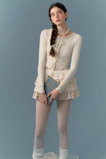 Floral Patchwork Knit Cardigan and Lace-Up Skirt Set-Up