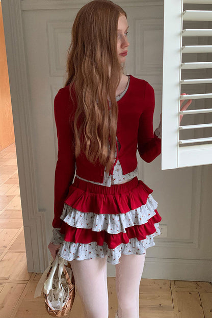 Floral Patchwork Knit Cardigan and Lace-Up Skirt Set-Up