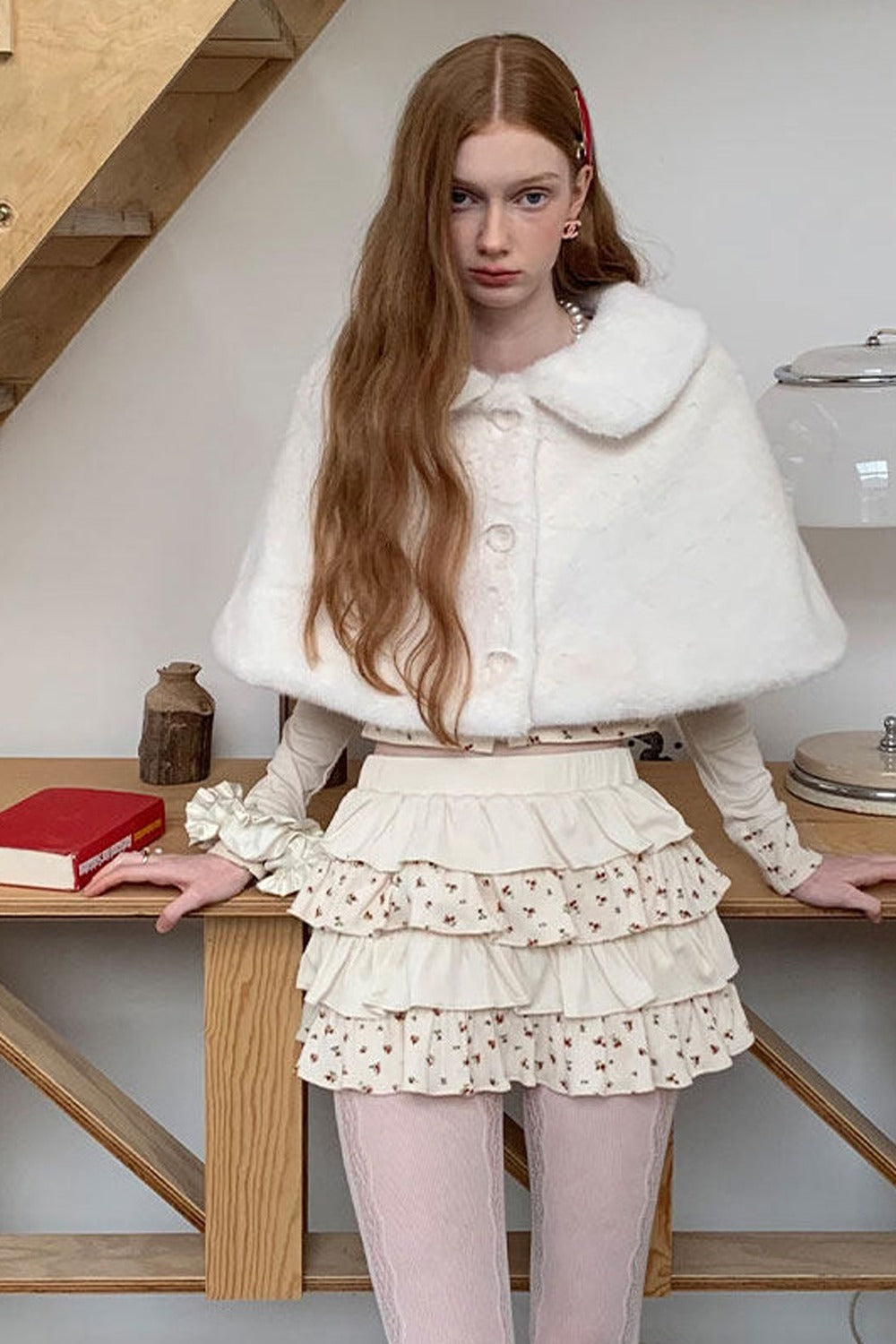Floral Patchwork Knit Cardigan and Lace-Up Skirt Set-Up