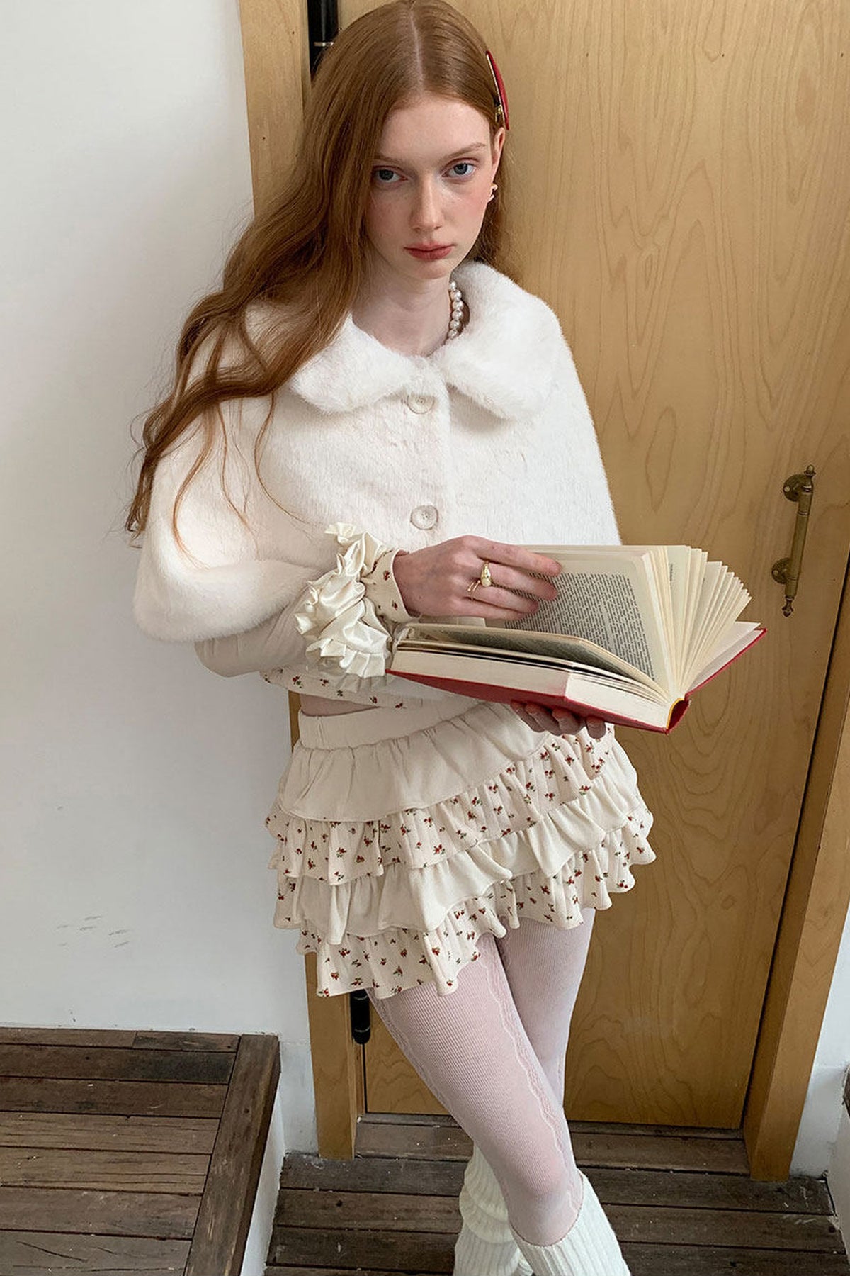 Floral Patchwork Knit Cardigan and Lace-Up Skirt Set-Up
