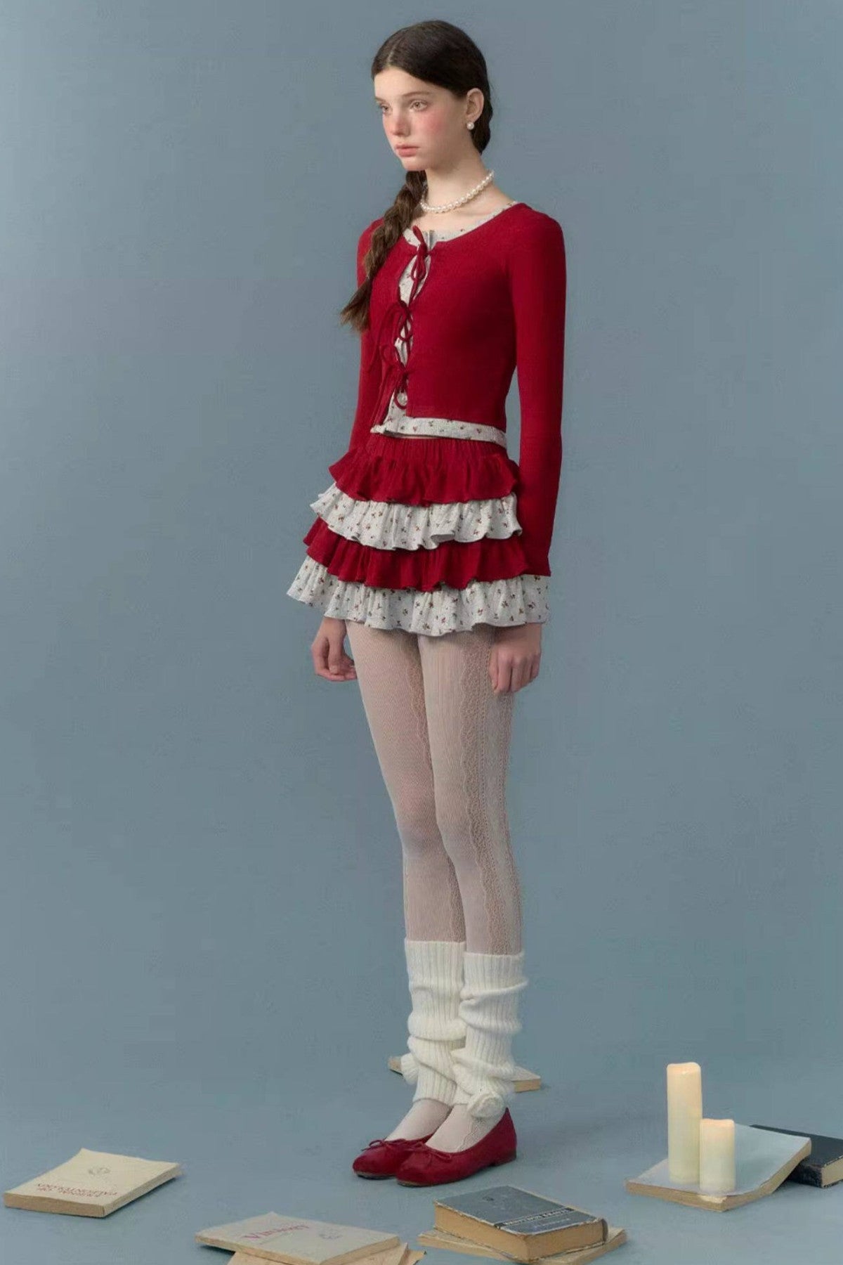 Floral Patchwork Knit Cardigan and Lace-Up Skirt Set-Up