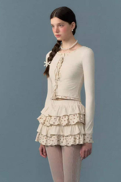 Floral Patchwork Knit Cardigan and Lace-Up Skirt Set-Up
