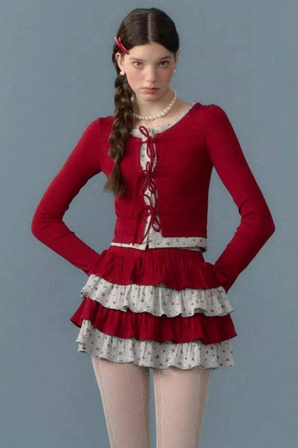 Floral Patchwork Knit Cardigan and Lace-Up Skirt Set-Up